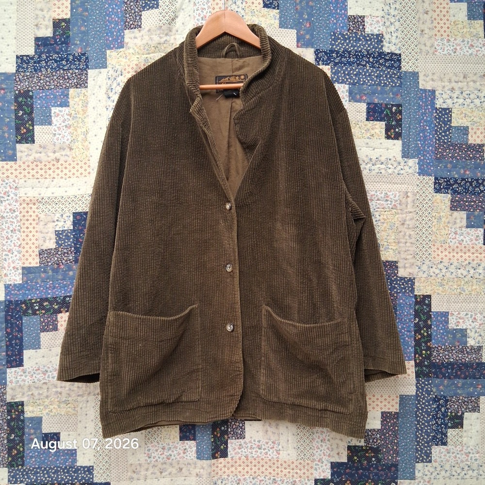 Vintage Eddie Bauer Womens Large Green Corduroy Shawl Collar Chore Coat 90s